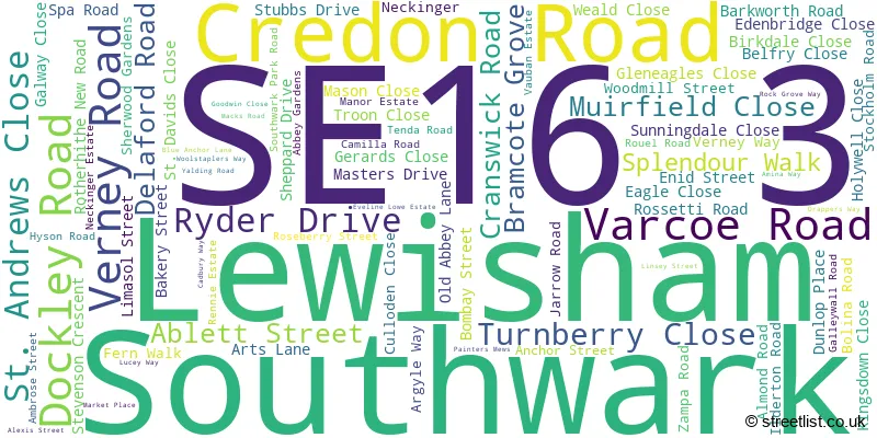 A word cloud for the SE16 3 postcode